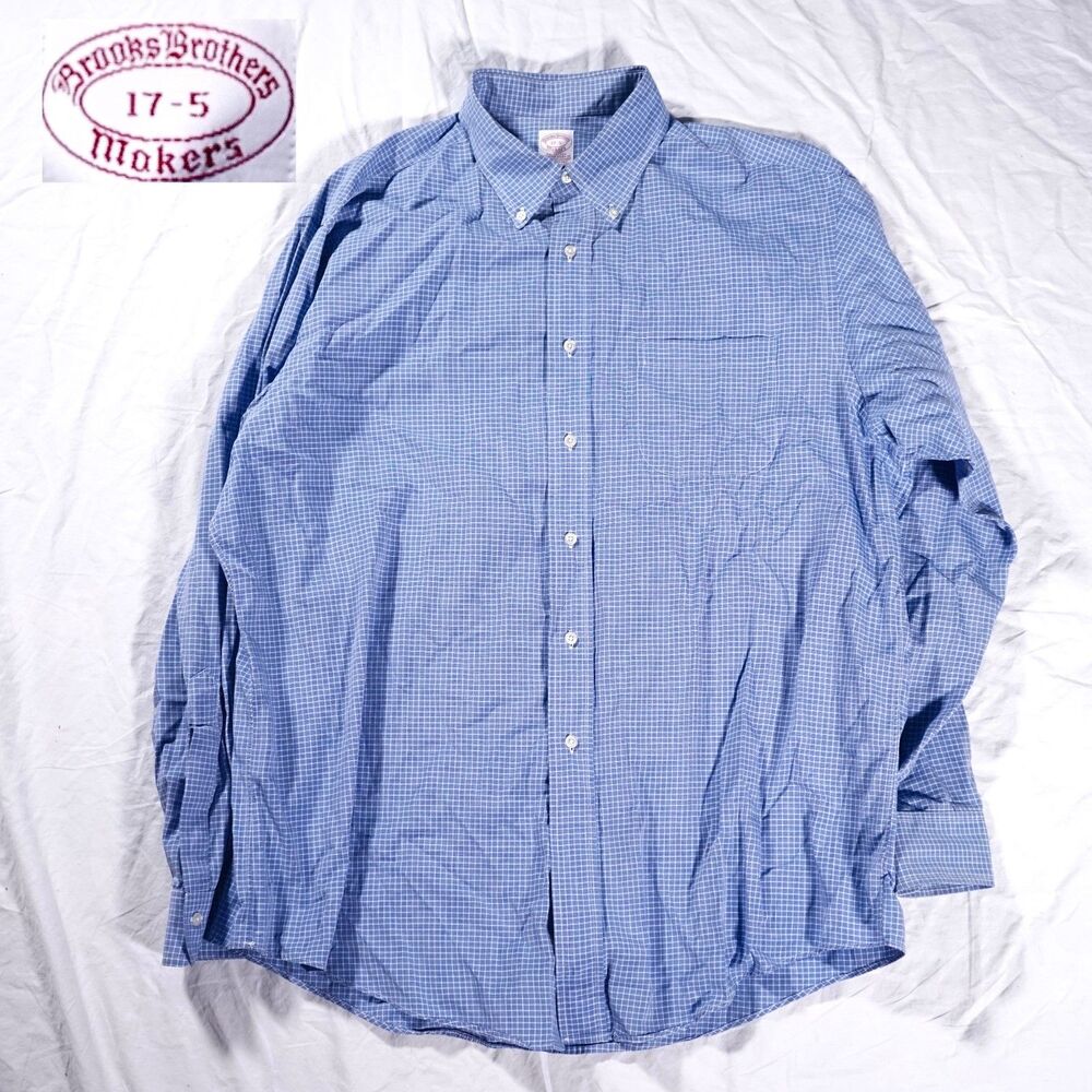 Brooks Brothers Makers Dress Shirt Blue White Plaid Button Up Mens 17-5